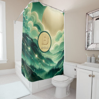 Gradient Emerald Kelly Green Glitter Monogram Douchegordijn