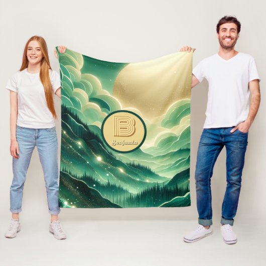 Gradient Emerald Kelly Green Glitter Monogram Fleece Deken (In situ)