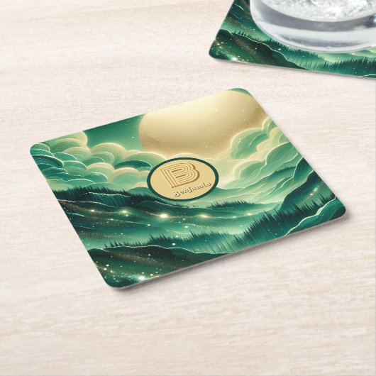 Gradient Emerald Kelly Green Glitter Monogram Kartonnen Onderzetters (Schuin)