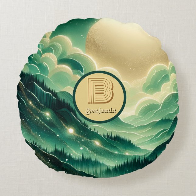 Gradient Emerald Kelly Green Glitter Monogram Rond Kussen (Voorkant)