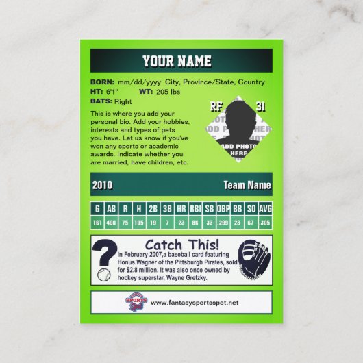 Gradiënt Groene Baseball Trading Kaart Aangepaste  Contactkaartje (Achterkant)