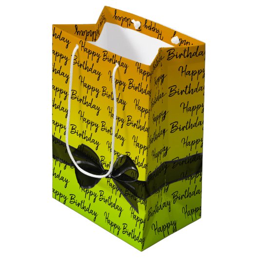 Gradient Happy Birthday met Black Bow Medium Cadeauzakje (Voorkant Gekanteld)