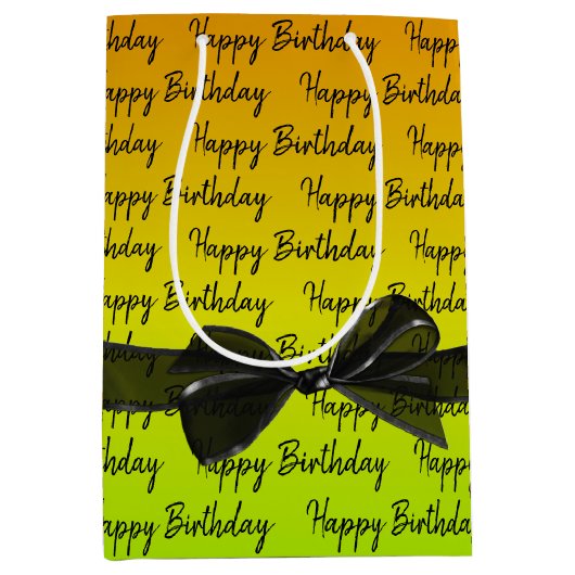 Gradient Happy Birthday met Black Bow Medium Cadeauzakje (Voorkant)