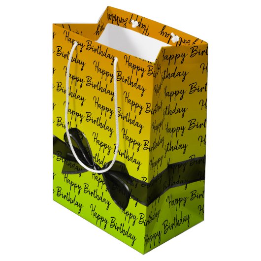 Gradient Happy Birthday met Black Bow Medium Cadeauzakje (Achterkant Gekanteld)