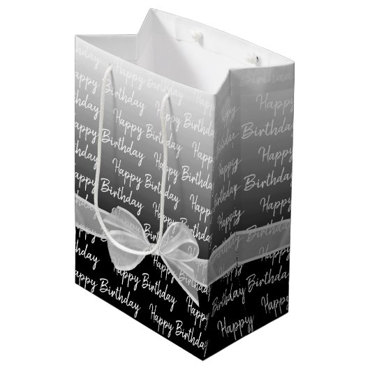 Gradient Happy Birthday met witte boog Medium Cadeauzakje (Voorkant Gekanteld)