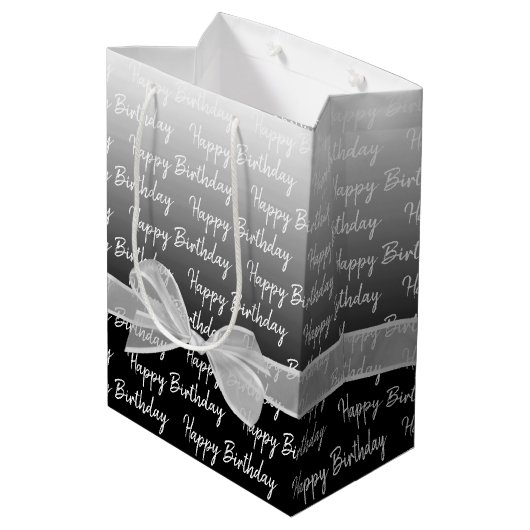 Gradient Happy Birthday met witte boog Medium Cadeauzakje (Achterkant Gekanteld)