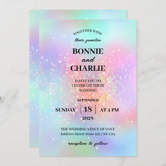 Gradient Holographic Glitter Huwelijksuitnodiging Kaart (Voorkant / Achterkant)