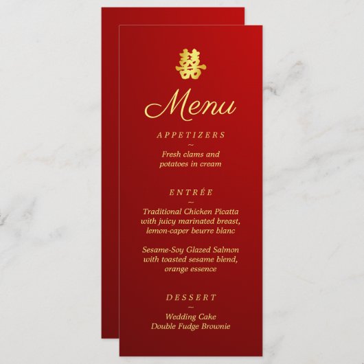 Gradiënt rood Chinees bruiloft dubbel geluk Menu (Voorkant / Achterkant)