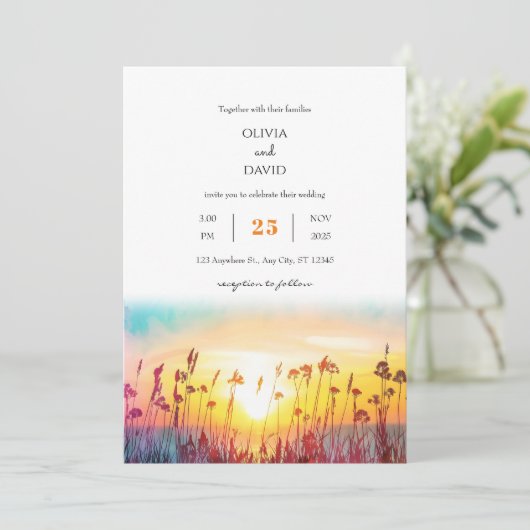 Gradient Sunset Silhouetten Kust Strand bruiloft Kaart (Staand voorkant)