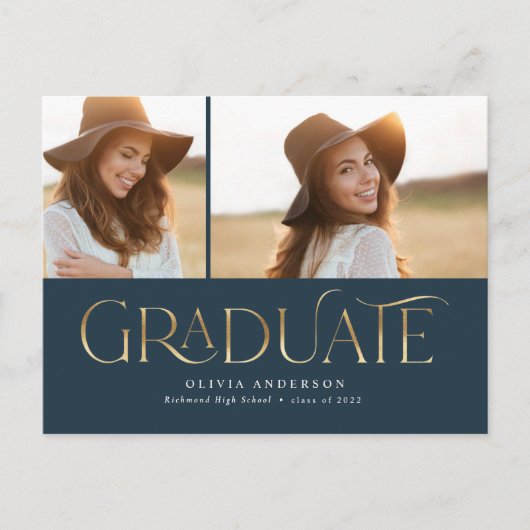 Graduate 2 photo watercolor botanical navy blue feestdagenkaart (Voorkant)