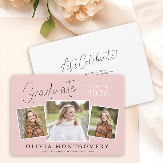 Graduate 3 Foto Moderne Script Afstudeerfeest Kaart