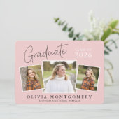 Graduate 3 Foto Moderne Script Afstudeerfeest Kaart (Staand voorkant)