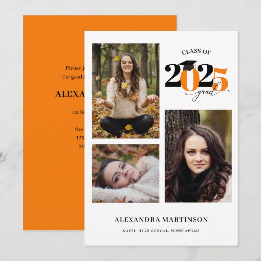 Graduate 3 Foto's Collage Orange Class of 2023 Kaart (Voorkant / Achterkant)