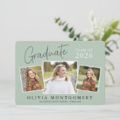 Graduate 3 Photo Modern Script Graduation Party Kaart (Staand voorkant)