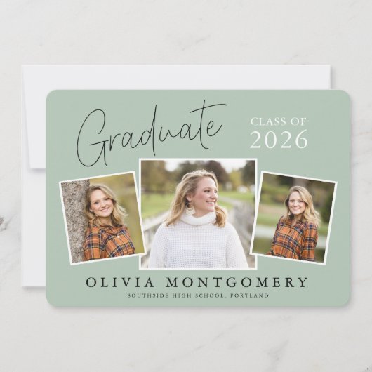 Graduate 3 Photo Modern Script Graduation Party Kaart (Voorkant)