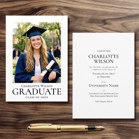 Graduate Announcement Card Photo Formal Simple Aankondiging