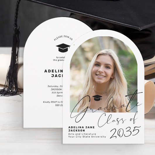 Graduate arch photo modern script graduation party kaart