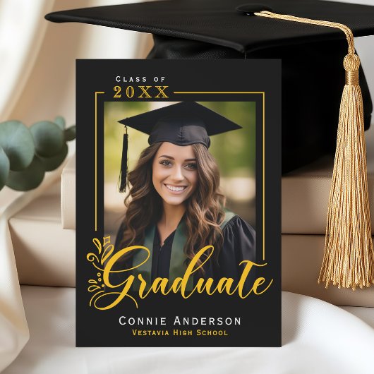 Graduate Black Gold Script Photo Graduation Aankondiging