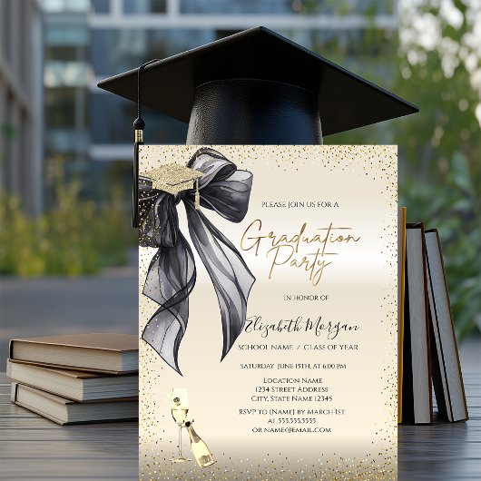 Graduate Cap, Zwarte Strik Wijn Glas Afstuderen Kaart