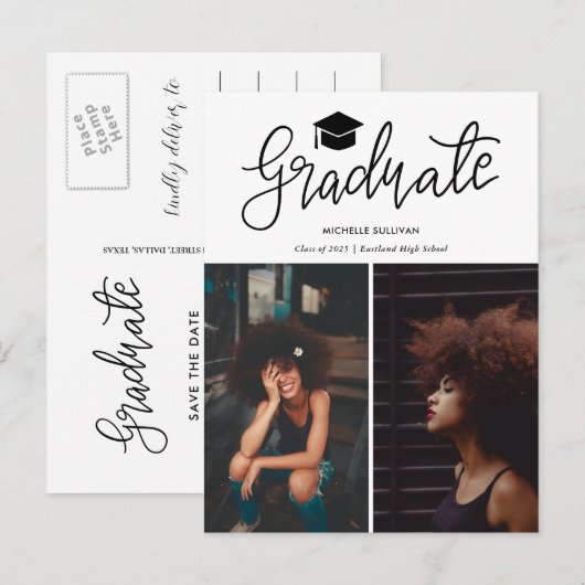 Graduate Casual Script | Modern Grad Photo Collage Aankondigingskaart (Voorkant / Achterkant)