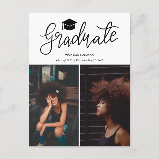 Graduate Casual Script | Moderne Grad Foto Collage Aankondigingskaart (Voorkant)