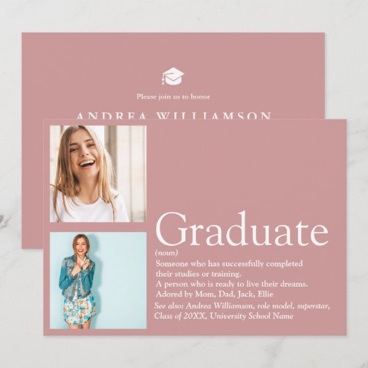 Graduate Definitie 2 Foto Modern Roze Kaart (Voorkant / Achterkant)