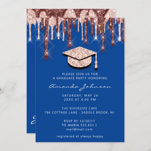 Graduate Drips Rose Goud Cap 3D Glam Royal Blauw Kaart (Voorkant / Achterkant)