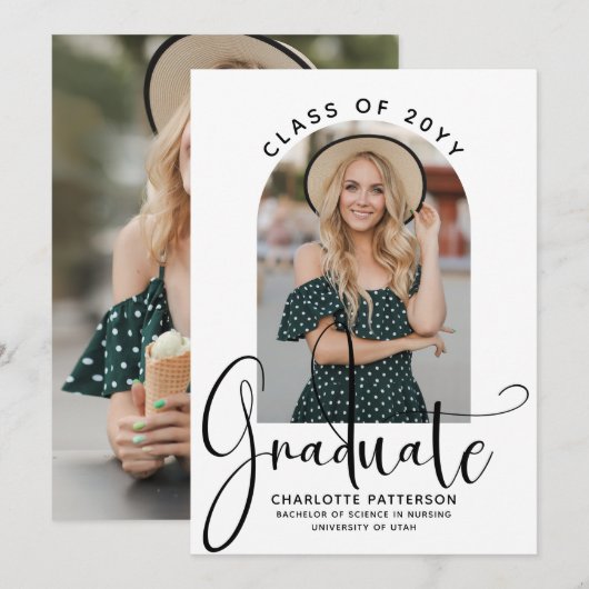 Graduate Elegant Script Afstudeerboog Foto Kaart (Voorkant / Achterkant)