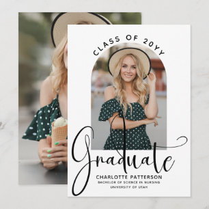 Graduate Elegant Script Afstudeerboog Foto Kaart