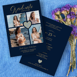 Graduate Navy Blue Trendy Heart Collage 4 Photos Kaart