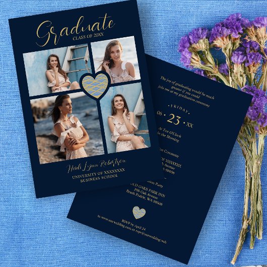 Graduate Navy Blue Trendy Heart Collage 4 Photos Kaart