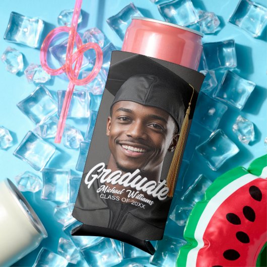 Graduate Photo Bold Script Graduation Party Favor Seltzer Blikjeskoeler (Insitu Zomer)