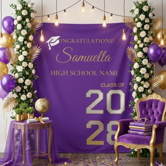 Graduate Purple Gold Script Graduation Party Wandkleed