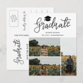 Graduate Script | Three Grad Photo Collage Aankondigingskaart (Voorkant / Achterkant)