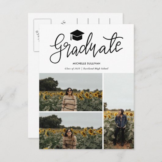 Graduate Script | Three Grad Photo Collage Aankondigingskaart (Voorkant / Achterkant)