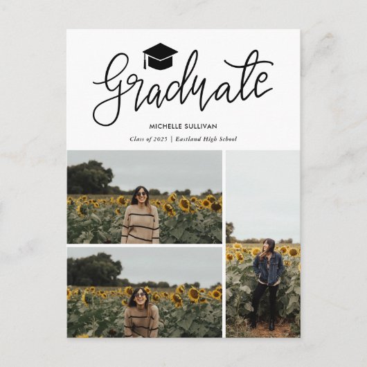 Graduate Script | Three Grad Photo Collage Aankondigingskaart (Voorkant)
