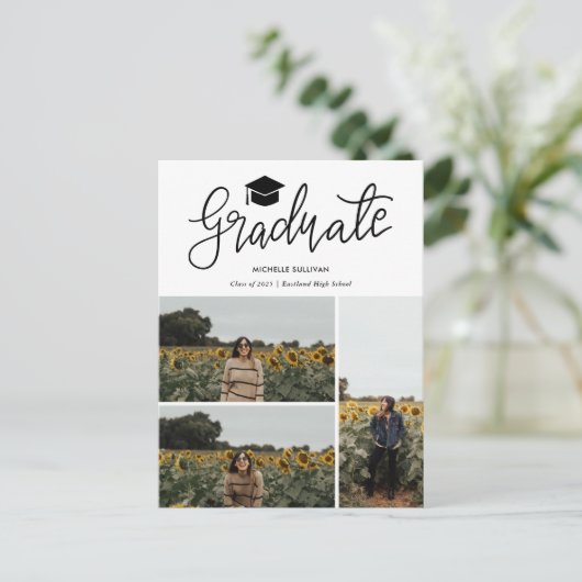 Graduate Script | Three Grad Photo Collage Aankondigingskaart (Staand voorkant)