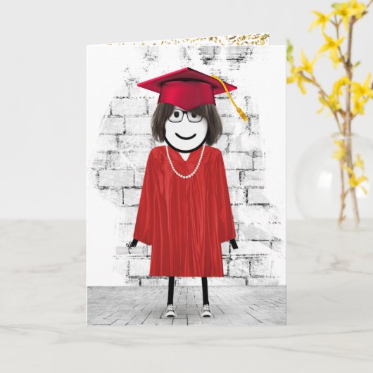 Graduate Stick Figure Girl with Diploma Kaart (Gele Bloem)