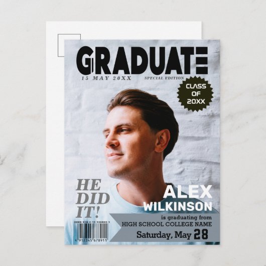 GRADUATE Tijdschrift Omslag Stijl Modern Chic Foto Uitnodiging Briefkaart (Voorkant / Achterkant)