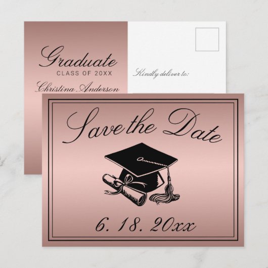 Graduatie Cap Diploma Roos Gold Save the Date Aankondigingskaart (Voorkant / Achterkant)