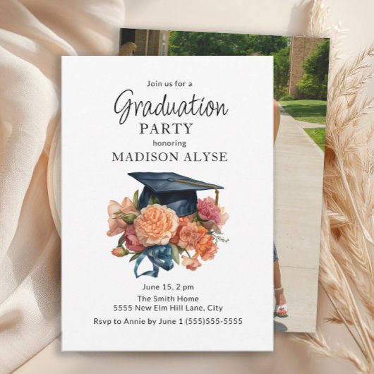 Graduatie Cap Peach Floral Foto Afstuderen Kaart