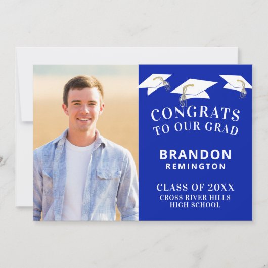 Graduatie Cap Toss Foto Royle Blue en White Aankondiging (Voorkant)