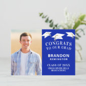 Graduatie Cap Toss Foto Royle Blue en White Aankondiging (Staand voorkant)