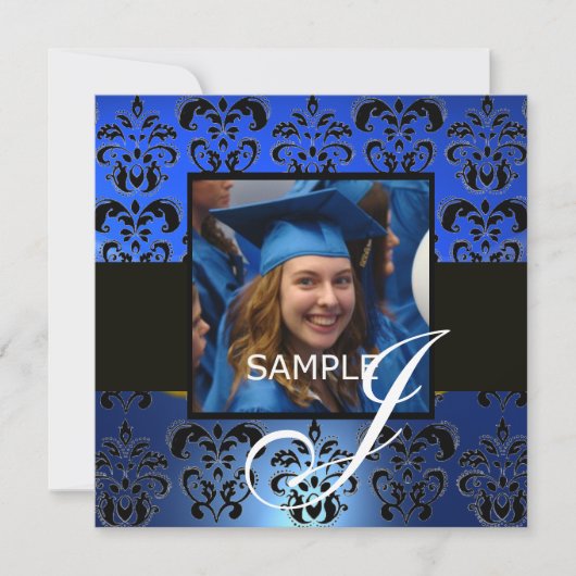GRADUATIE DAMAST  MONOGRAM , blauw wit zwart Kaart (Voorkant)