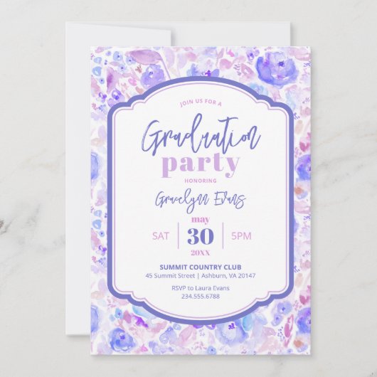 Graduatie Paarse Floral Waterverf Kaart (Voorkant)