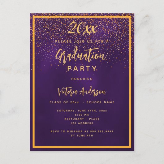 Graduatie paarse goudconfetti uitnodiging briefkaart (Voorkant)