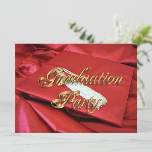 Graduatie partij uitnodiging rood en goud (Staand voorkant)