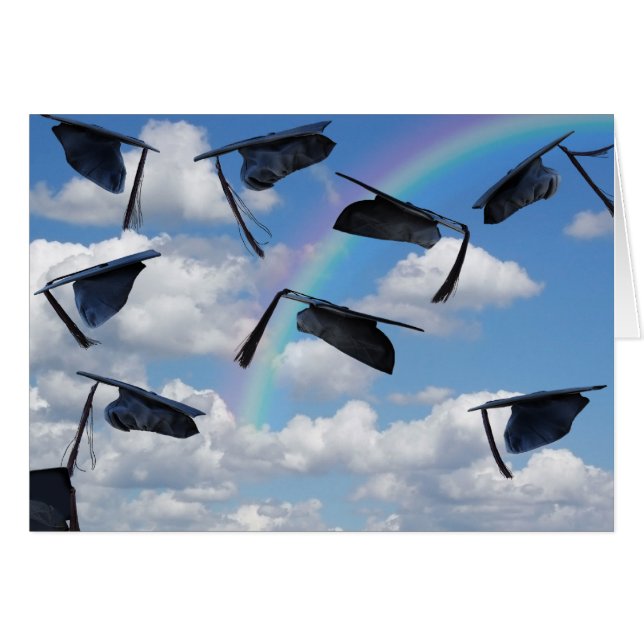 Graduatiedoppen in de lucht met regenboog (Voorkant Horizontaal)