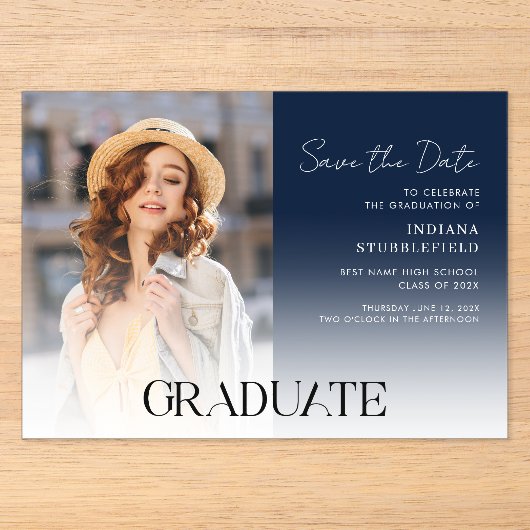 Graduatiefoto Script Grad Save the Date Acryl Uitnodigingen (Voorkant)