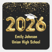 Graduation 2026 Gold Balloons and White Cap Vierkante Sticker (Voorkant)
